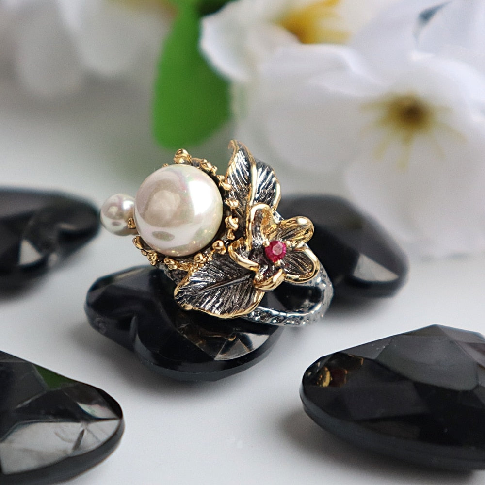 Bague Style Gothique - Black & Pearl-Passion Steampunk