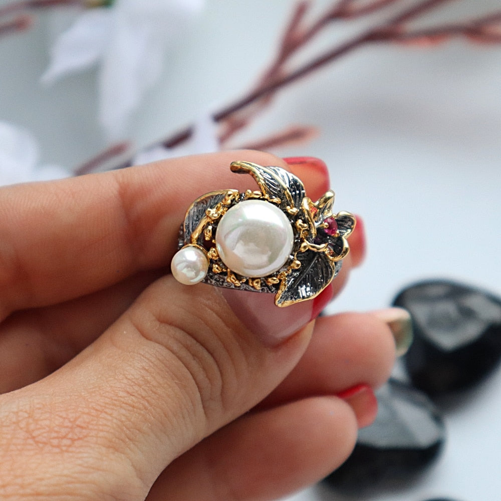 Bague Style Gothique - Black & Pearl-Passion Steampunk