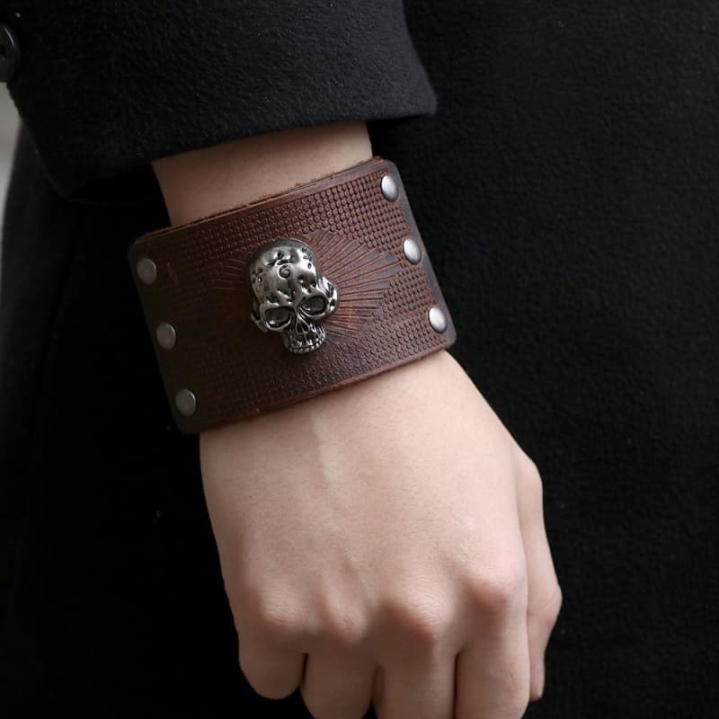 Bracelet Homme Tete de Mort en Cuir-Passion Steampunk
