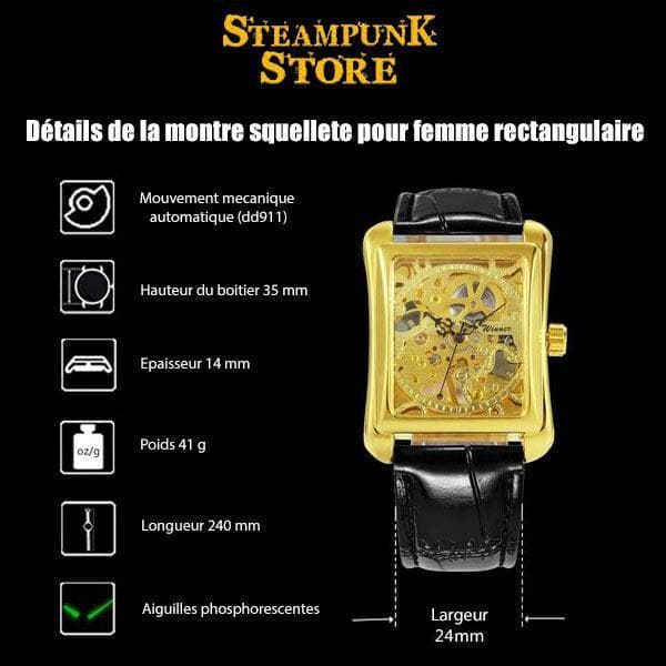 Montre Femme Rectangle - Squelette-Passion Steampunk