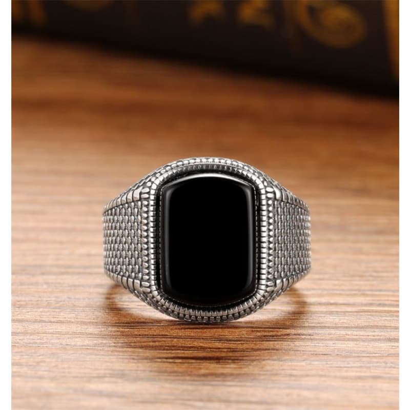 Chevaliere Homme Pierre Noire - Onyx d' Argent